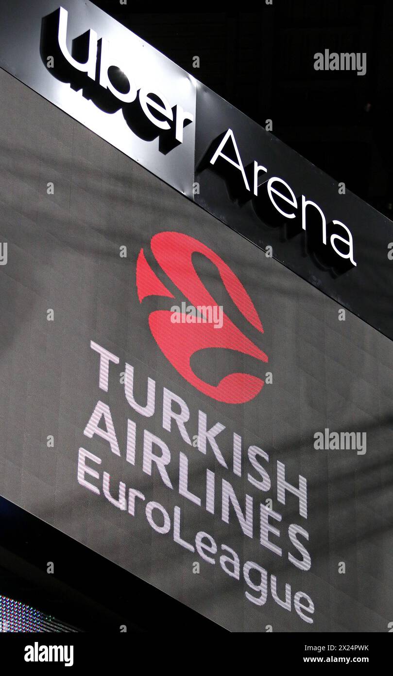 Berlin, Germany - April 4, 2024: UBER Arena and Turkish Airlines EuroLeague logos under the roof of UBER arena in Berlin during the Turkish Airlines EuroLeague game ALBA Berlin v Partizan Belgrade Stock Photo