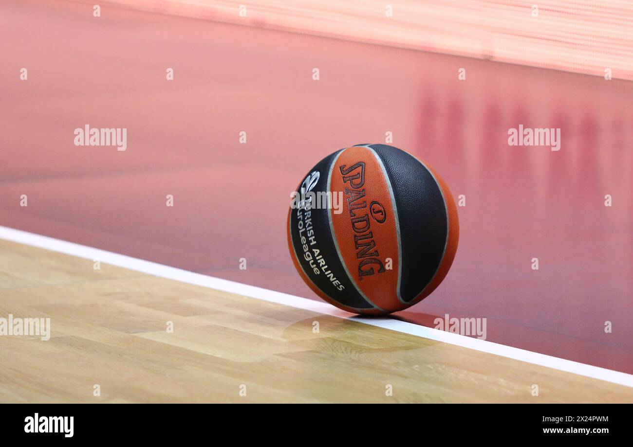 Berlin, Germany - April 4, 2024: Spalding, official Match Ball of the Turkish Airlines EuroLeague seen on the parquet of Uber Arena in Berlin during the basketball game ALBA Berlin v Partizan Belgrade Stock Photo