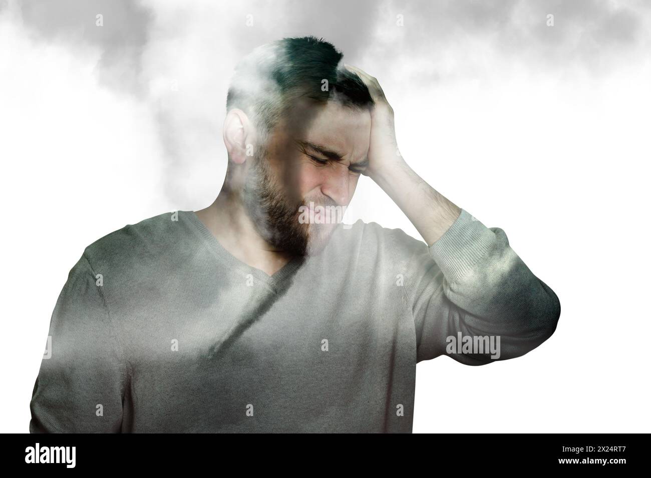 Headache. Double exposure of man and tornado on white background Stock Photo