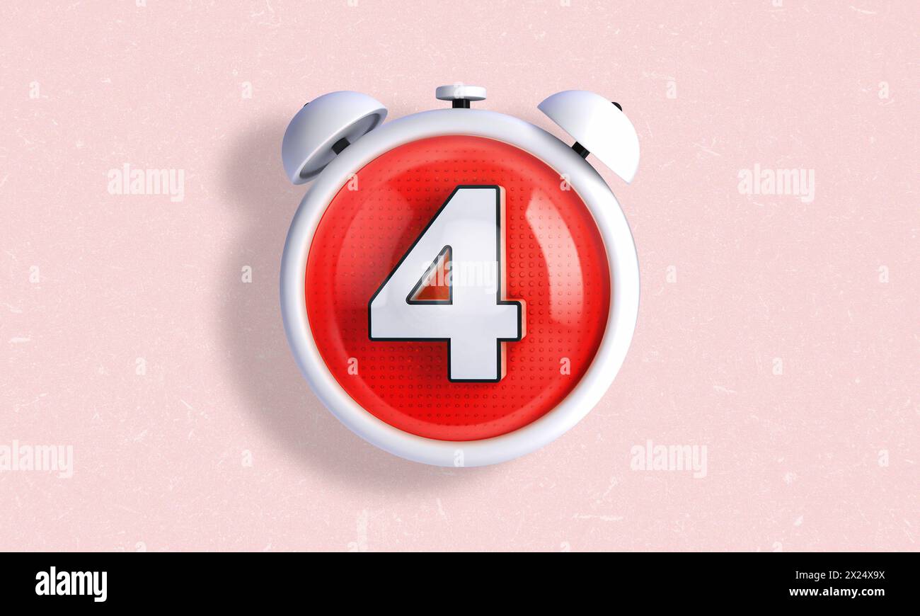 3D illustration of a clock style counter and stopwatch in white color with the number 4 inside. Day 4 Stock Photo