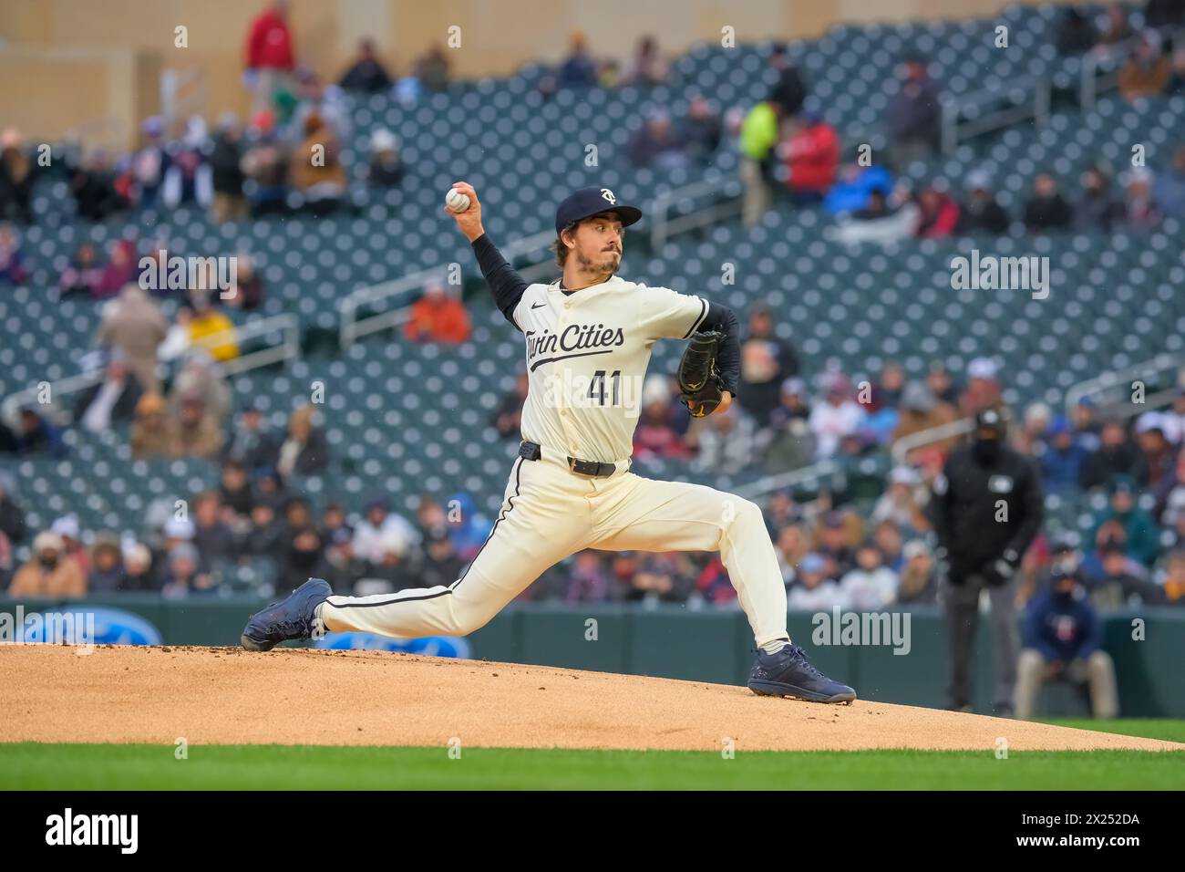 Minneapolis, Minnesota, USA. 19th Apr, 2024. Minnesota Twins starting pitcher JOE RYAN (41) pitches during a MLB baseball game between the Minnesota Twins and the Detroit Tigers on April 19th, 2024 at Target Field in Minneapolis. Detroit won 5-4. (Credit Image: © Steven Garcia/ZUMA Press Wire) EDITORIAL USAGE ONLY! Not for Commercial USAGE! Stock Photo