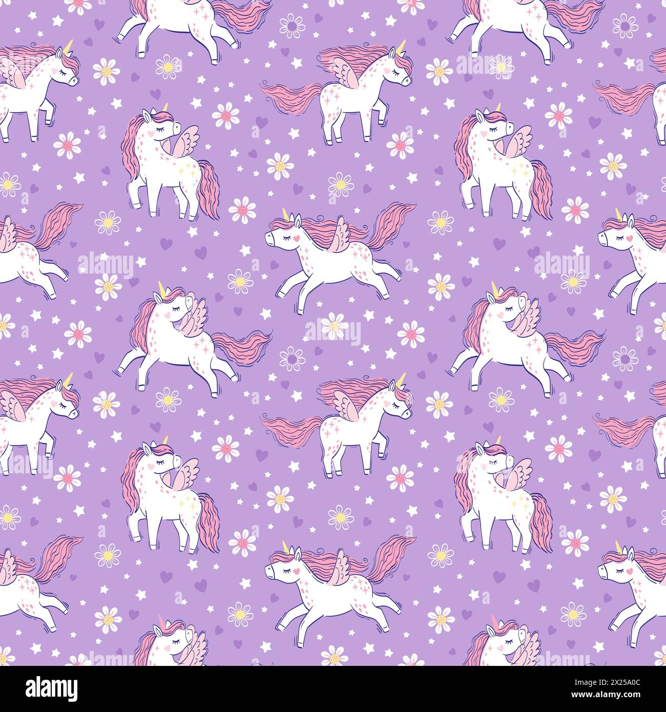 White unicorn with pink mane and tail. Vector seamless pattern with ...