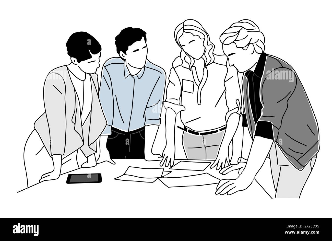 Business people are standing around a table. Stock Vector
