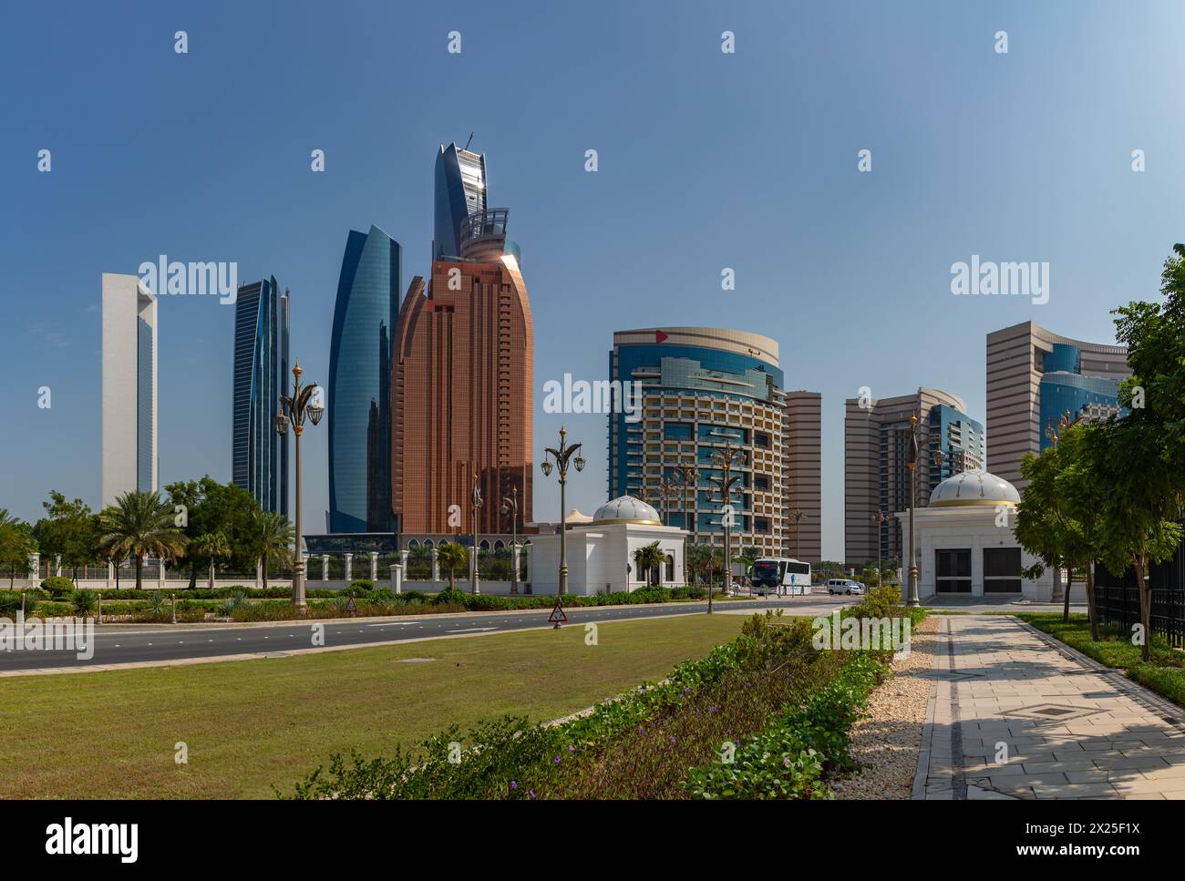 A picture of the Etihad Towers, the Khalidiya Palace Rayhaan by Rotana Hotel and the Abu Dhabi National Oil Company Headquarters. Stock Photo