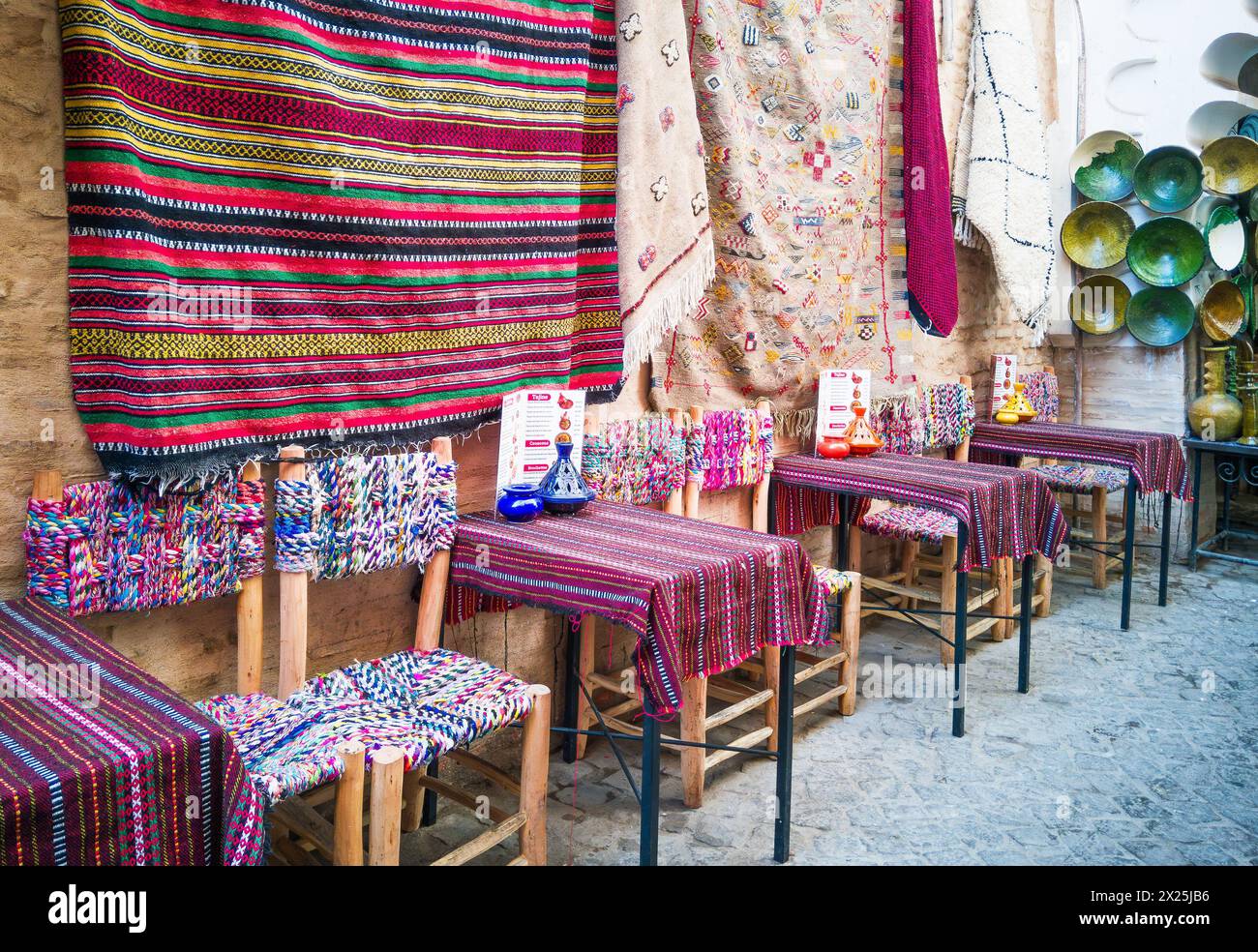 Marrakesh, Morocco. Restaurant tables in the souk market. Stock Photo