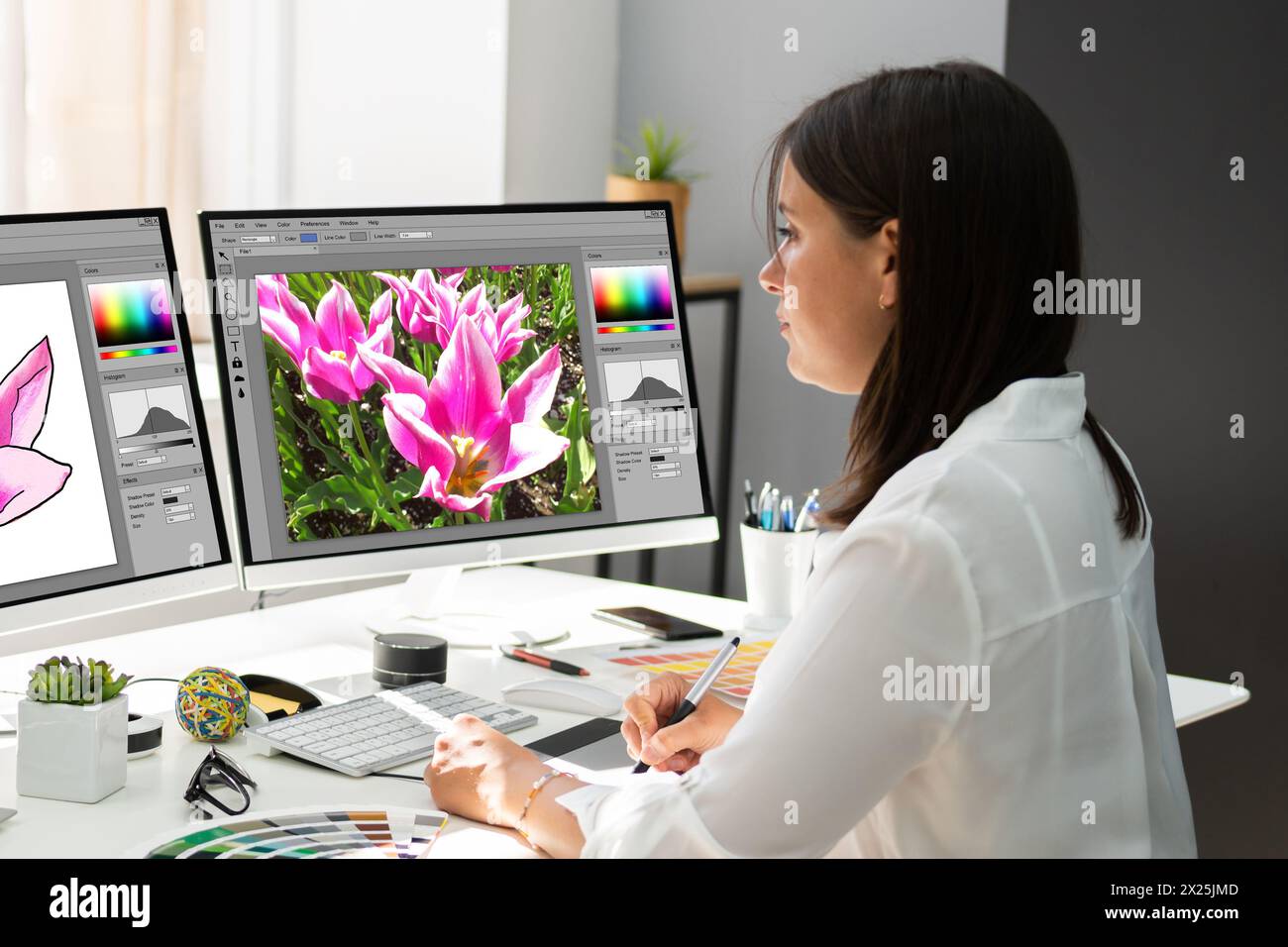 Office Designer at Work: Graphic Artist on Computer Stock Photo