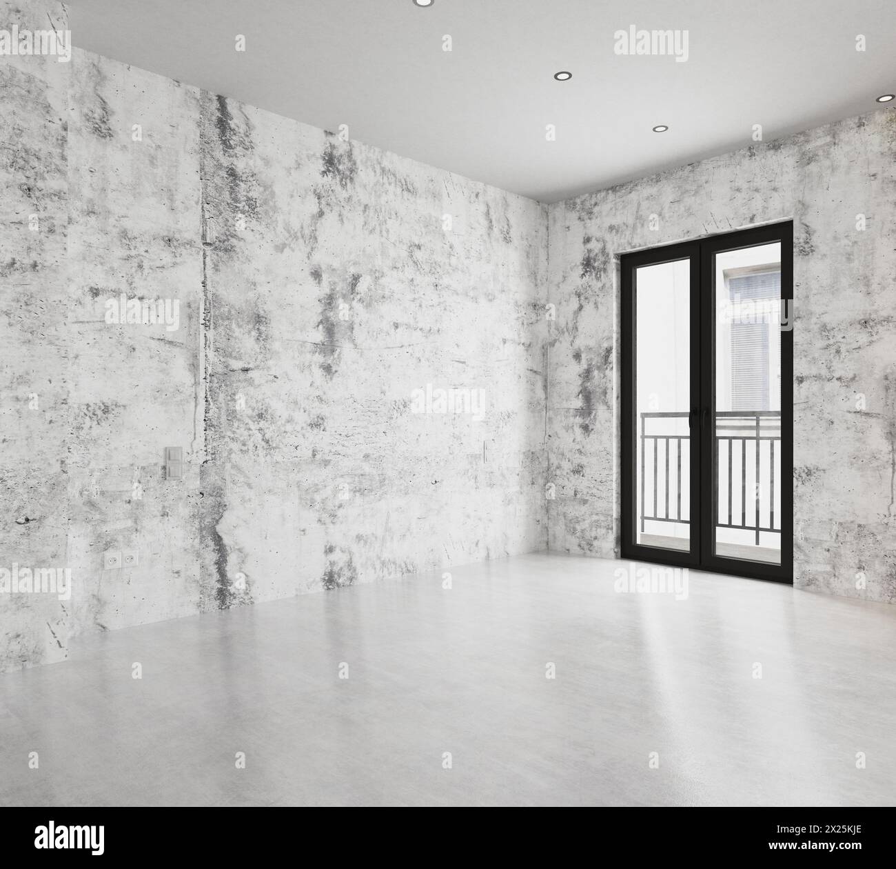 Interior of empty room with white walls, concrete floor and black door ...