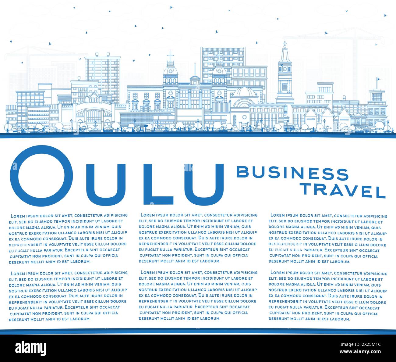 Oulu Finland city skyline with blue buildings and copy space. Vector illustration. Oulu cityscape with landmarks. Business travel and tourism concept Stock Vector