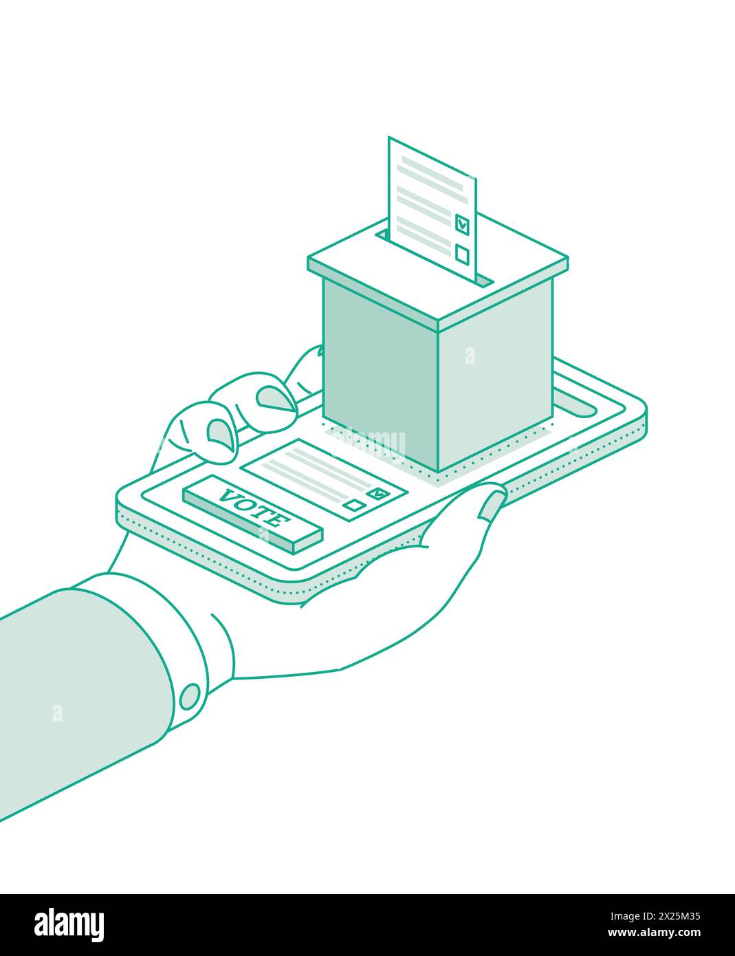 Hand hold phone. Isometric online voting and election concept using the smartphone. Vector illustration. Smartphone with vote on screen. Stock Vector