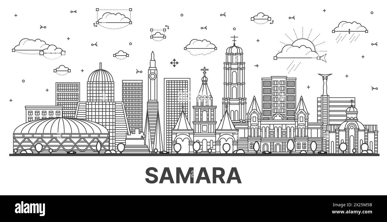 Outline Samara Russia city skyline with modern and historic buildings ...