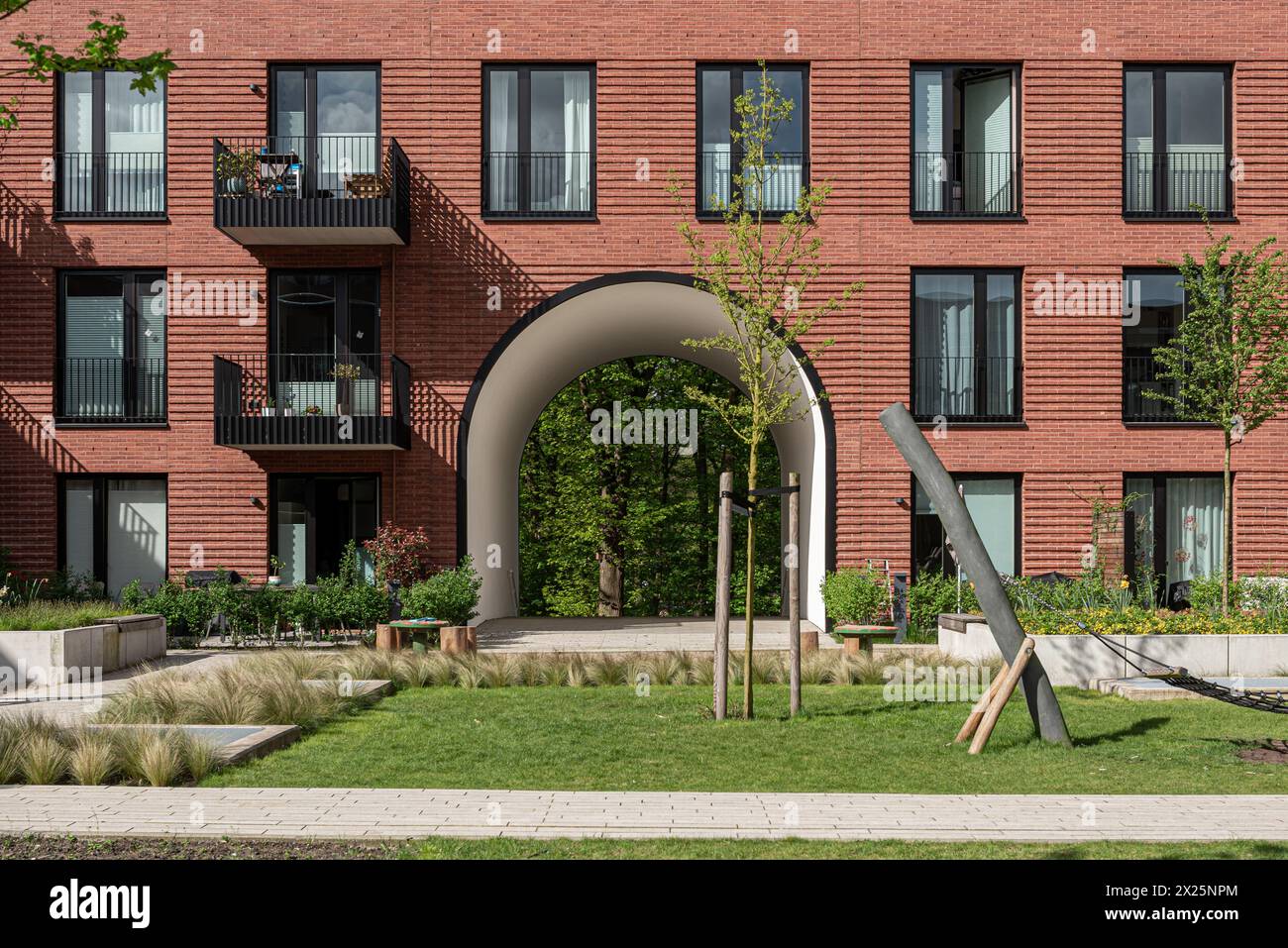 Courtyard with balconies of newly built flats in Hamburg's
