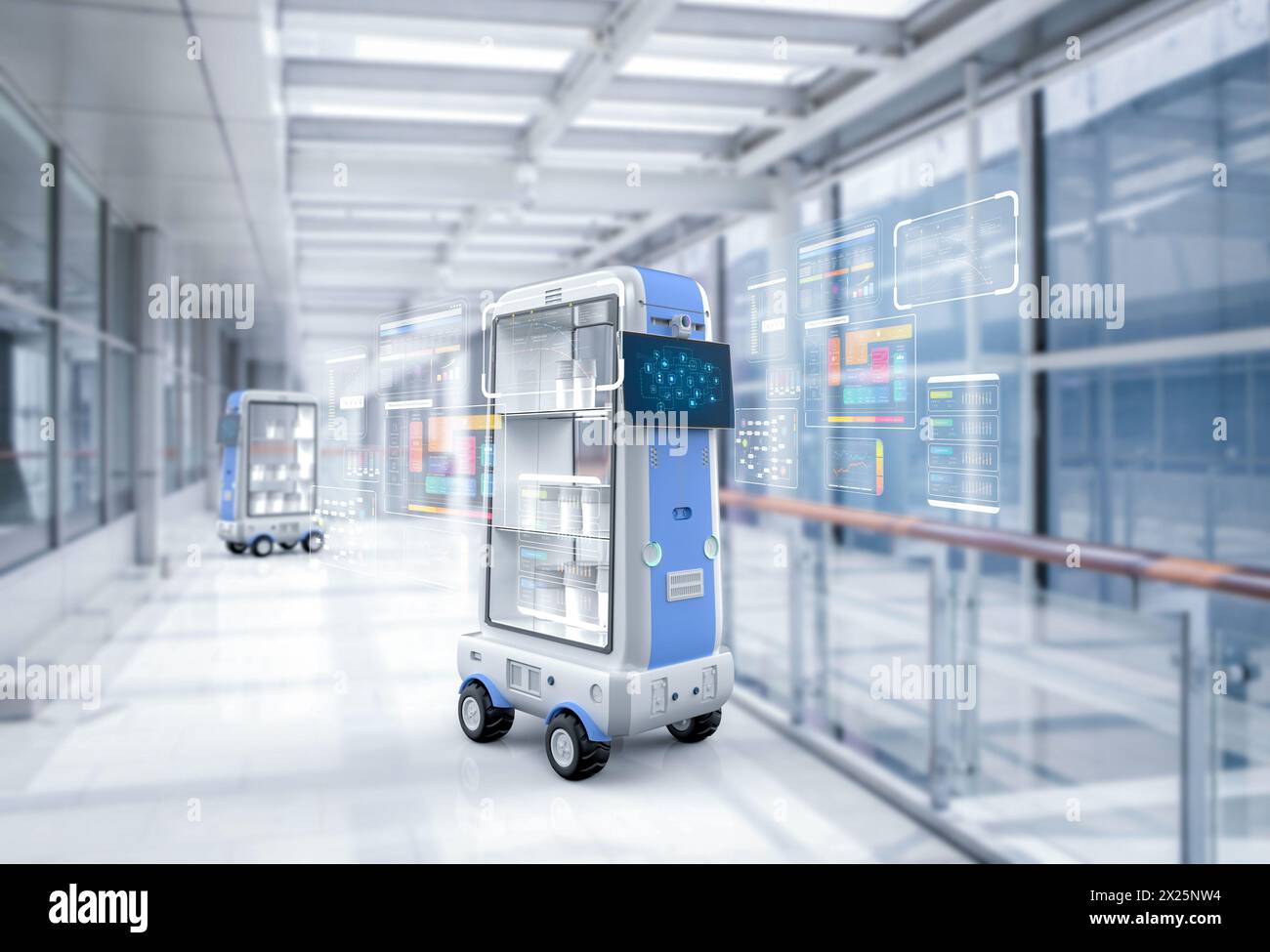 3d rendering delivery robot trolley or robotic assistant carry products Stock Photo