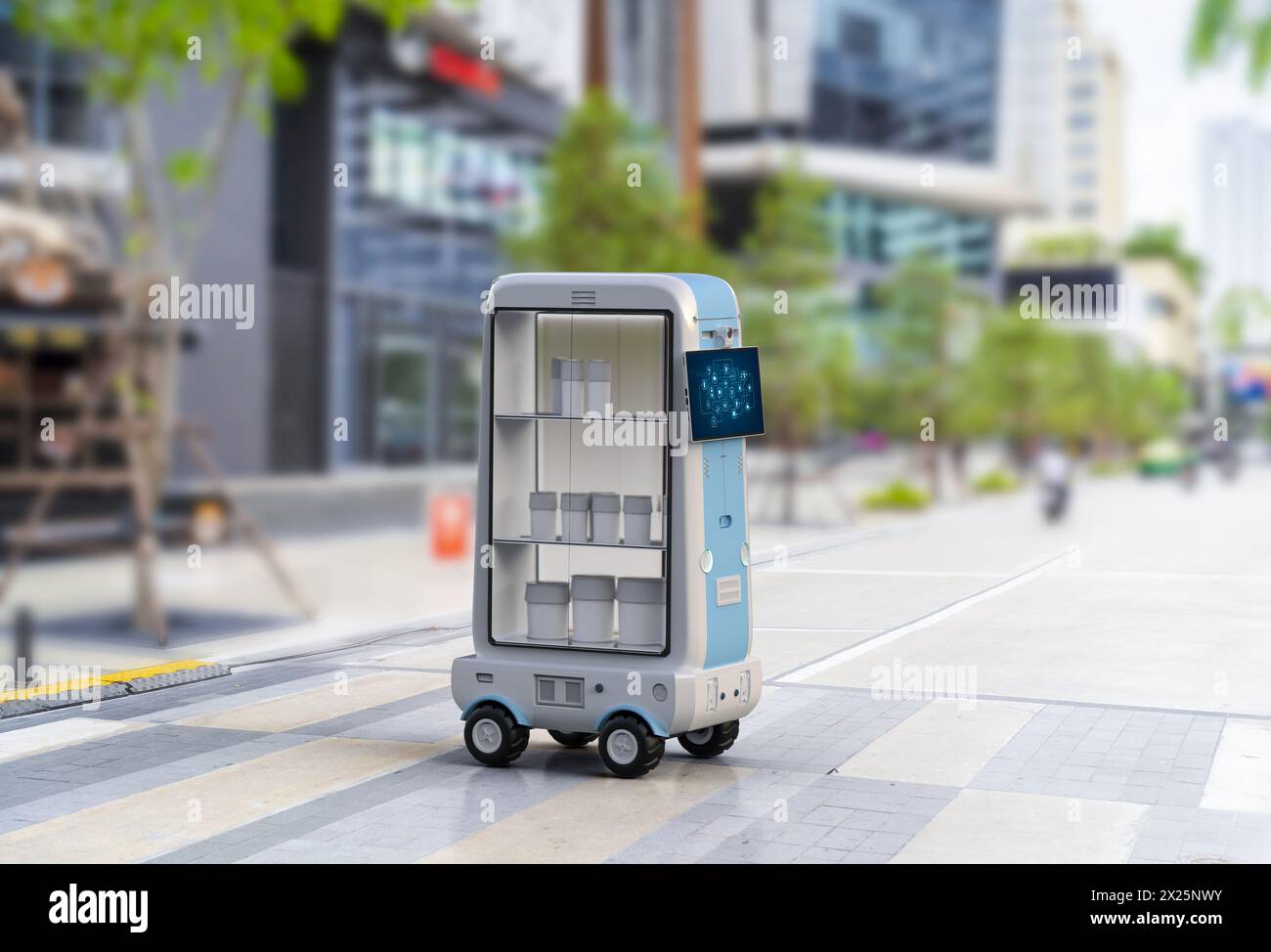 3d rendering delivery robot trolley or robotic assistant carry products Stock Photo