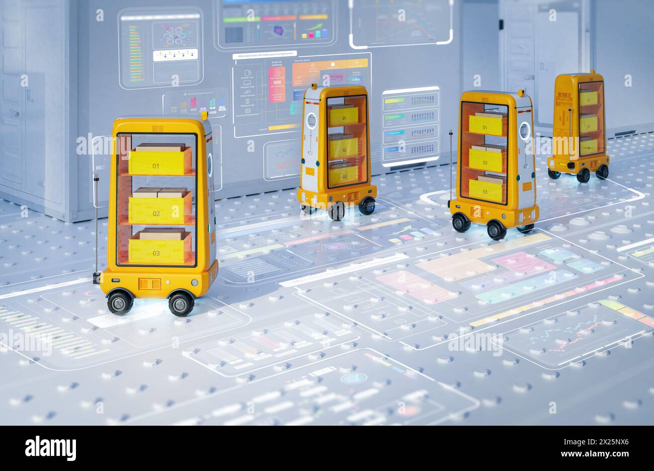 3d rendering group of delivery robot trolleys or robotic assistant carry products Stock Photo