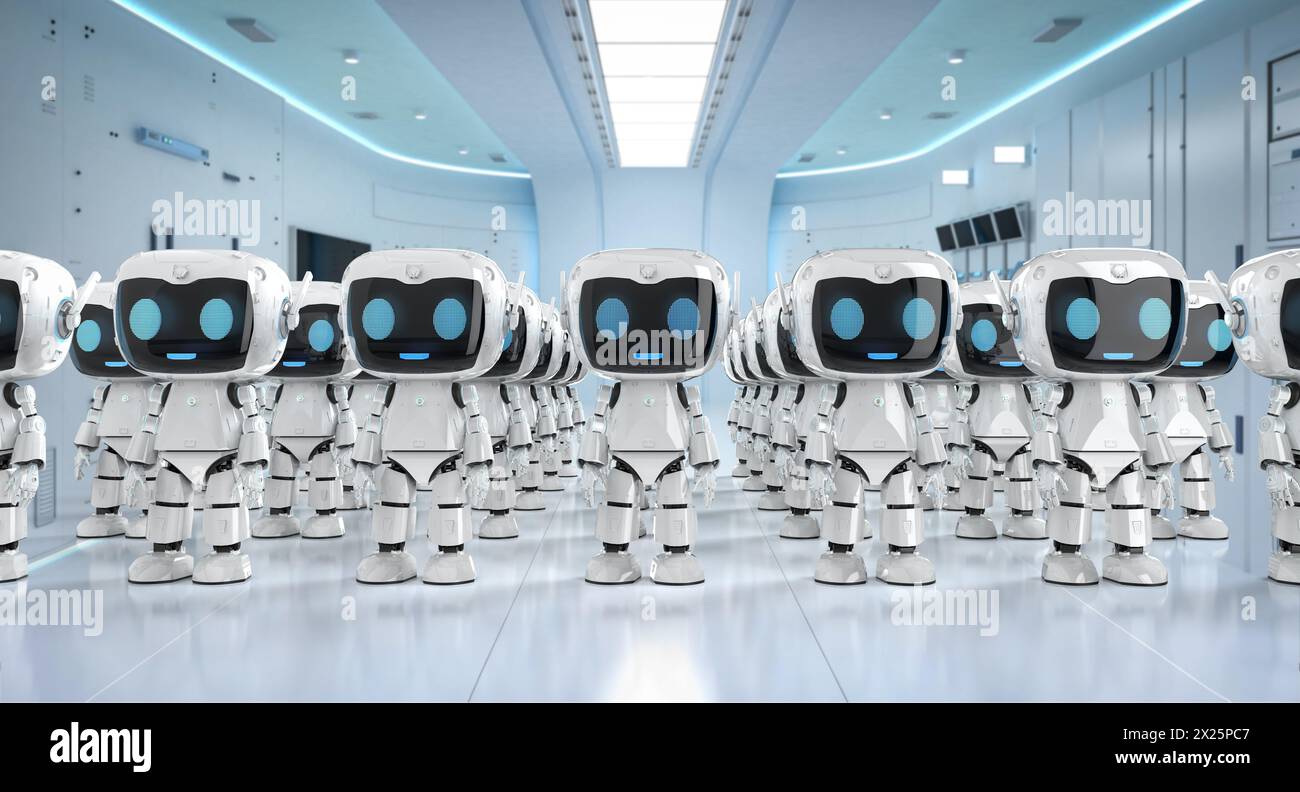 3d rendering group of cute and small artificial intelligence personal assistant robots with cartoon character Stock Photo