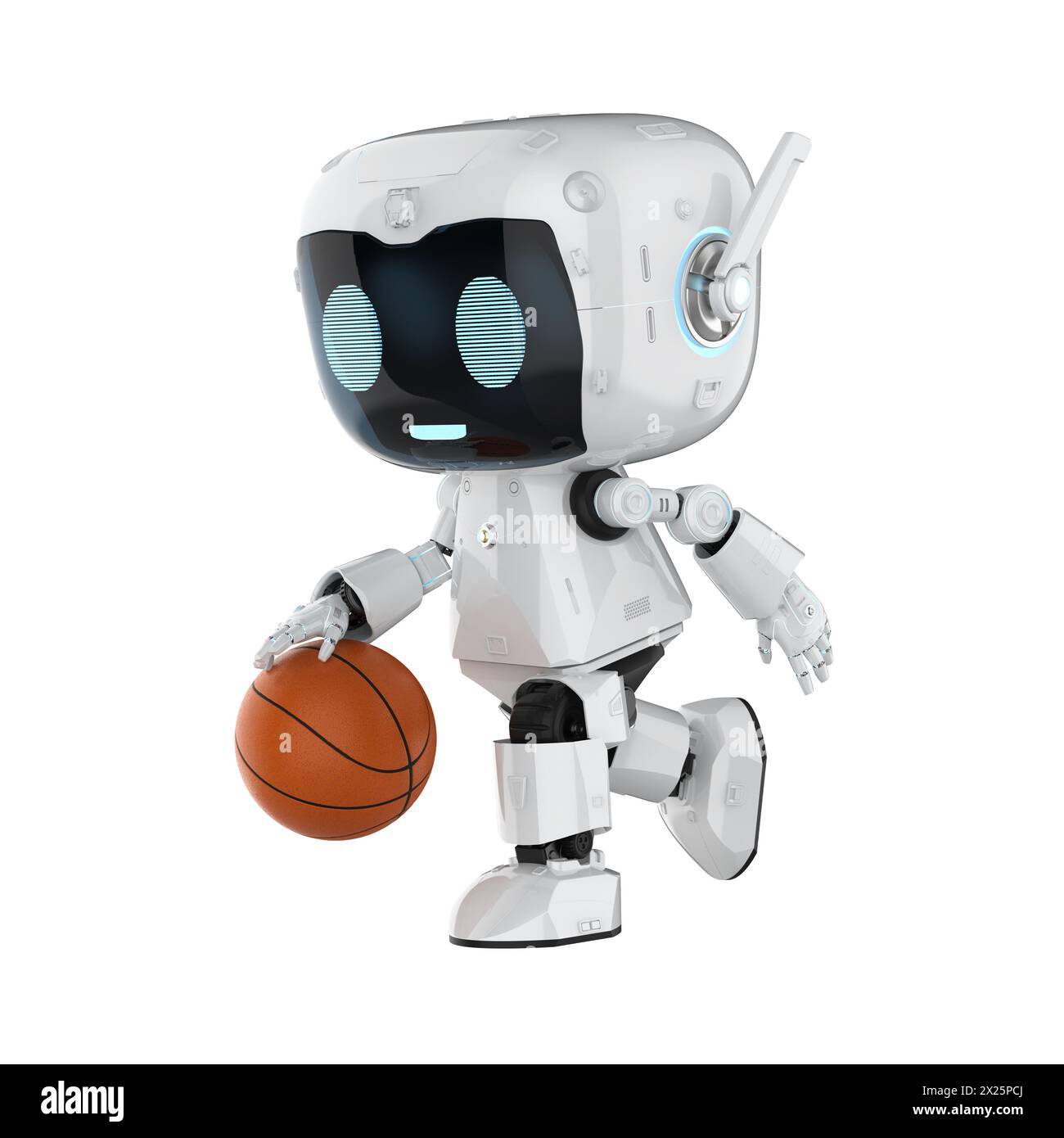 3d rendering cute personal assistant robot or artificial intelligence robot play basketball on white background Stock Photo