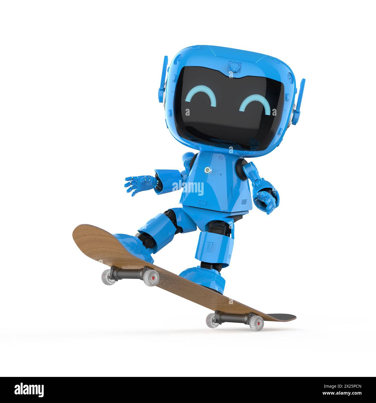3d rendering cute and small artificial intelligence personal assistant robot play skateboard Stock Photo