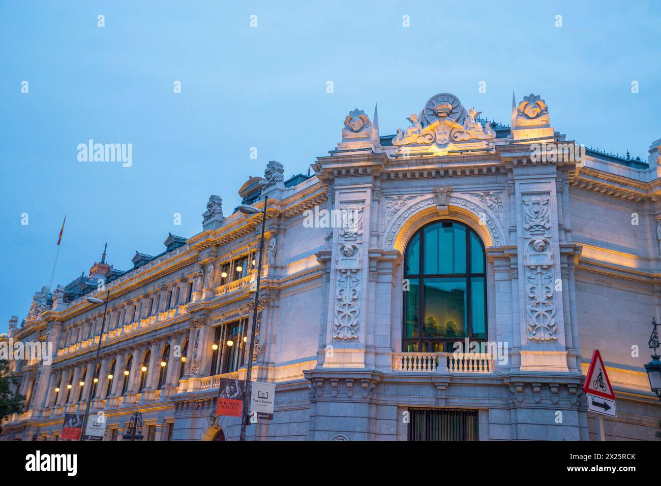 Facade of Banco de España, night view. Madrid, Spain. Stock Photo