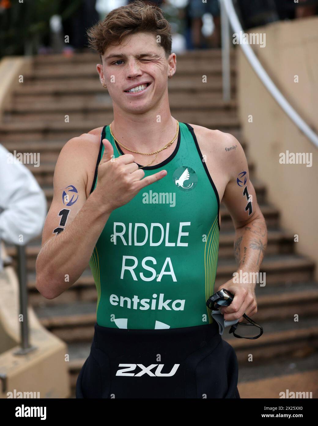 Jimmy Jamie Riddle Jamie Riddle, of South Africa, at the 2024 World Triathlon Cup ...