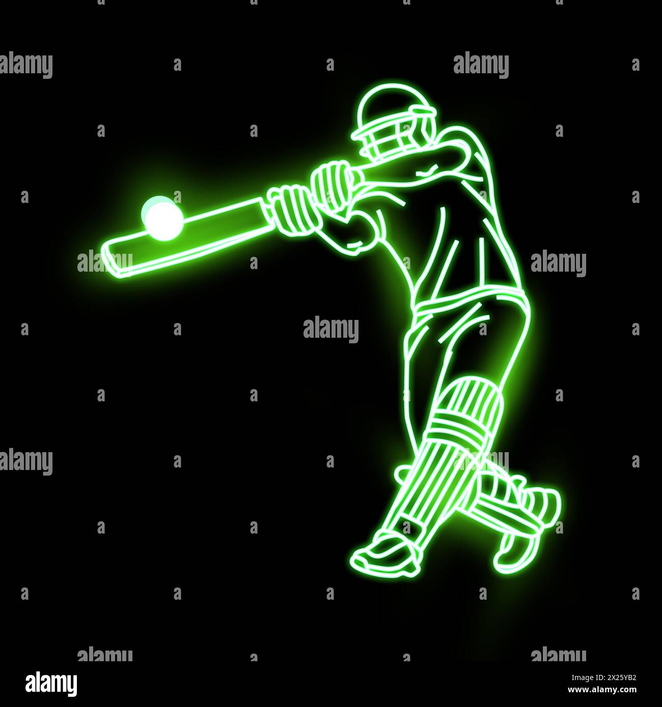 Cricket player neon vector art green, blue, red. Cricket batsman neon art. Cricket Batsman, Neon light effect, full black background. Stock Photo
