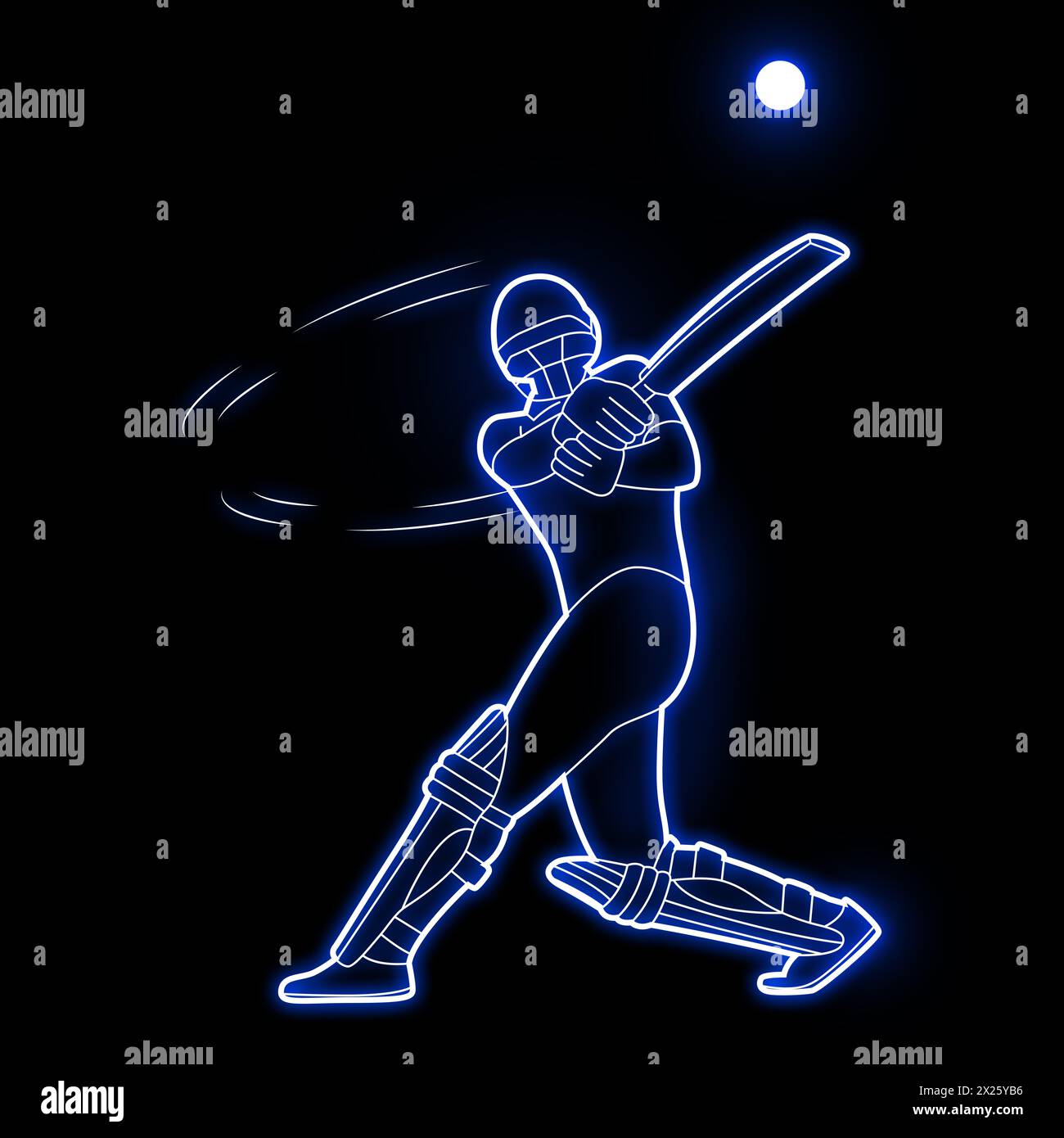 Cricket player neon vector art green, blue, red. Cricket batsman neon art. Cricket Batsman, Neon light effect, full black background. Stock Photo