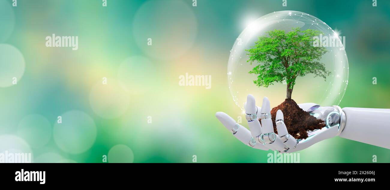Growing tree in Robot hand with protection from crystal ball. World mental health and World earth day. Artificial Intelligence. Stock Photo