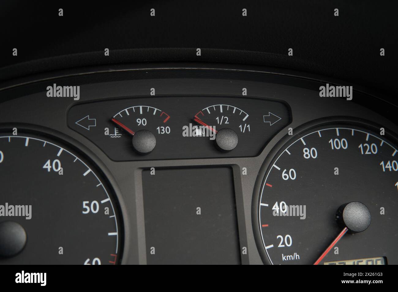 Car speedometer - auto Dashboard with low fuel gauge Stock Photo