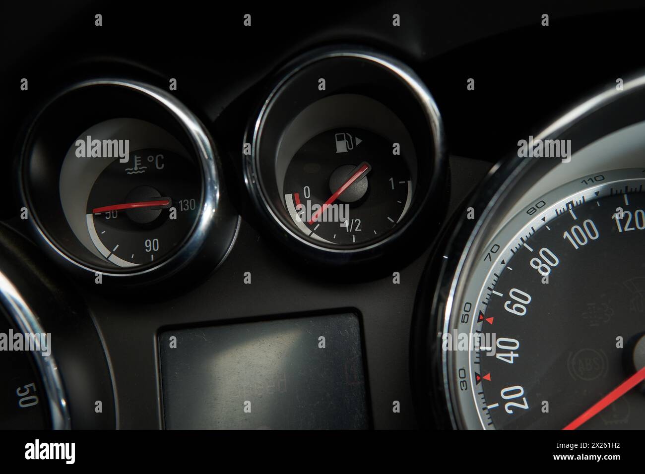 Car speedometer - auto Dashboard with low fuel gauge Stock Photo