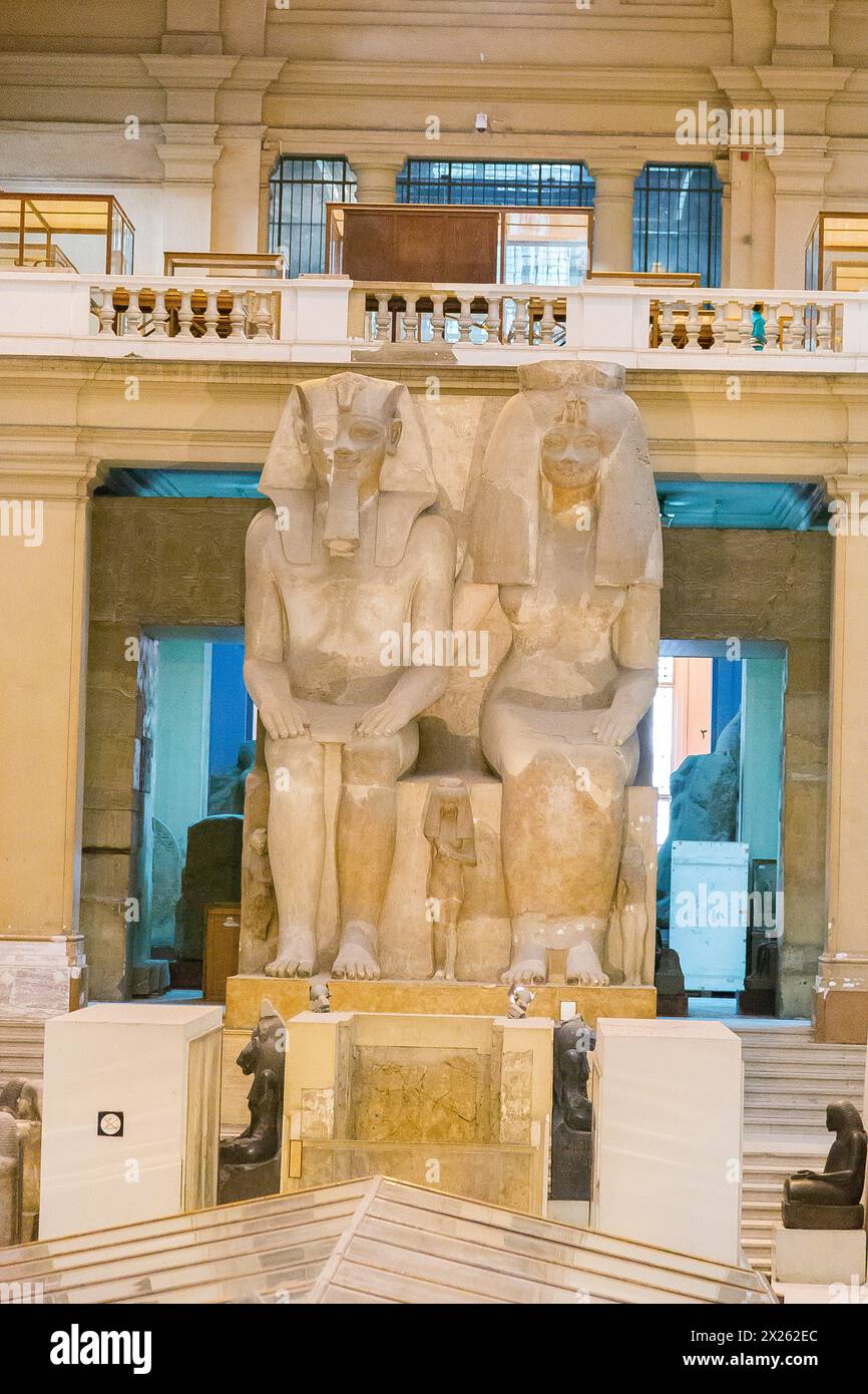 Egyptian museum Cairo, colossal statue group of Amenhotep III and Tiyi, initially in Kom el Hettan, the temple of Amenhotep III. Stock Photo