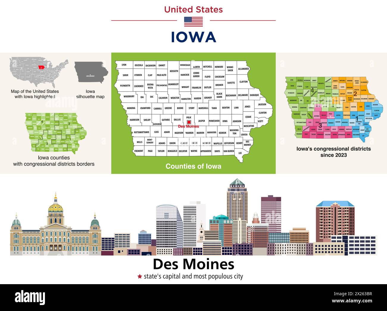 Iowa's counties map and congressional districts since 2023 map. Des Moines skyline (state's capital and most populous city). Vector set Stock Vector