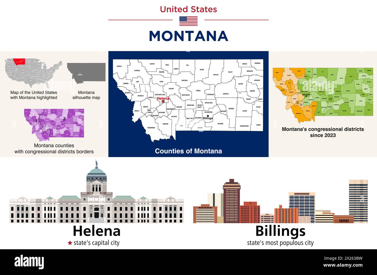 Montana counties map and congressional districts since 2023 map. Helena (state's capital city) and Billings (state's most populous city) skylines. Vec Stock Vector