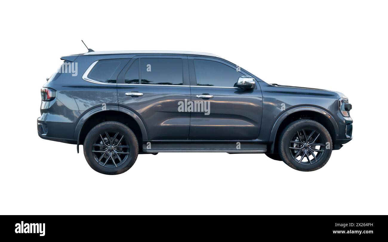 Side view of black or dark gray SUV car is isolated on white background with clipping path. Stock Photo