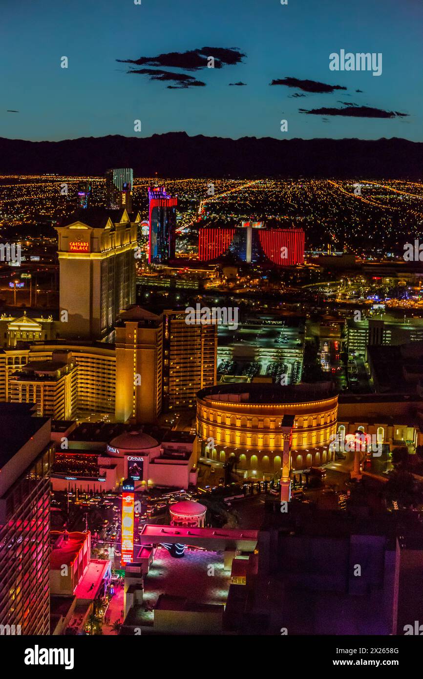 Las Vegas, Nevada.  View of Caesar's Palace and West Las Vegas from the High Roller, early evening. Stock Photo