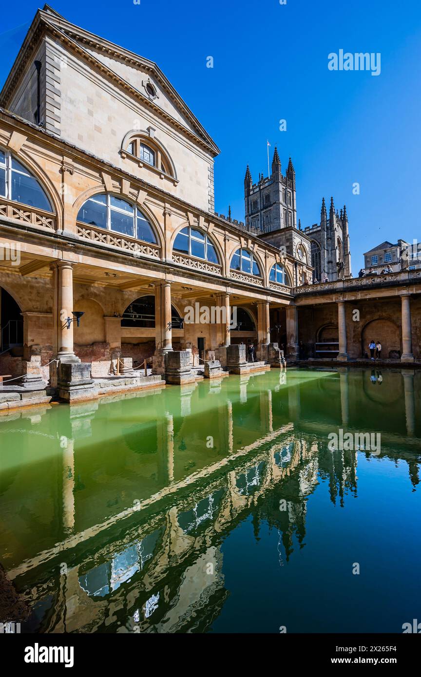 Bath, UK. 20th Apr, 2024. Visitors to the Roman Baths enjoy summer ...