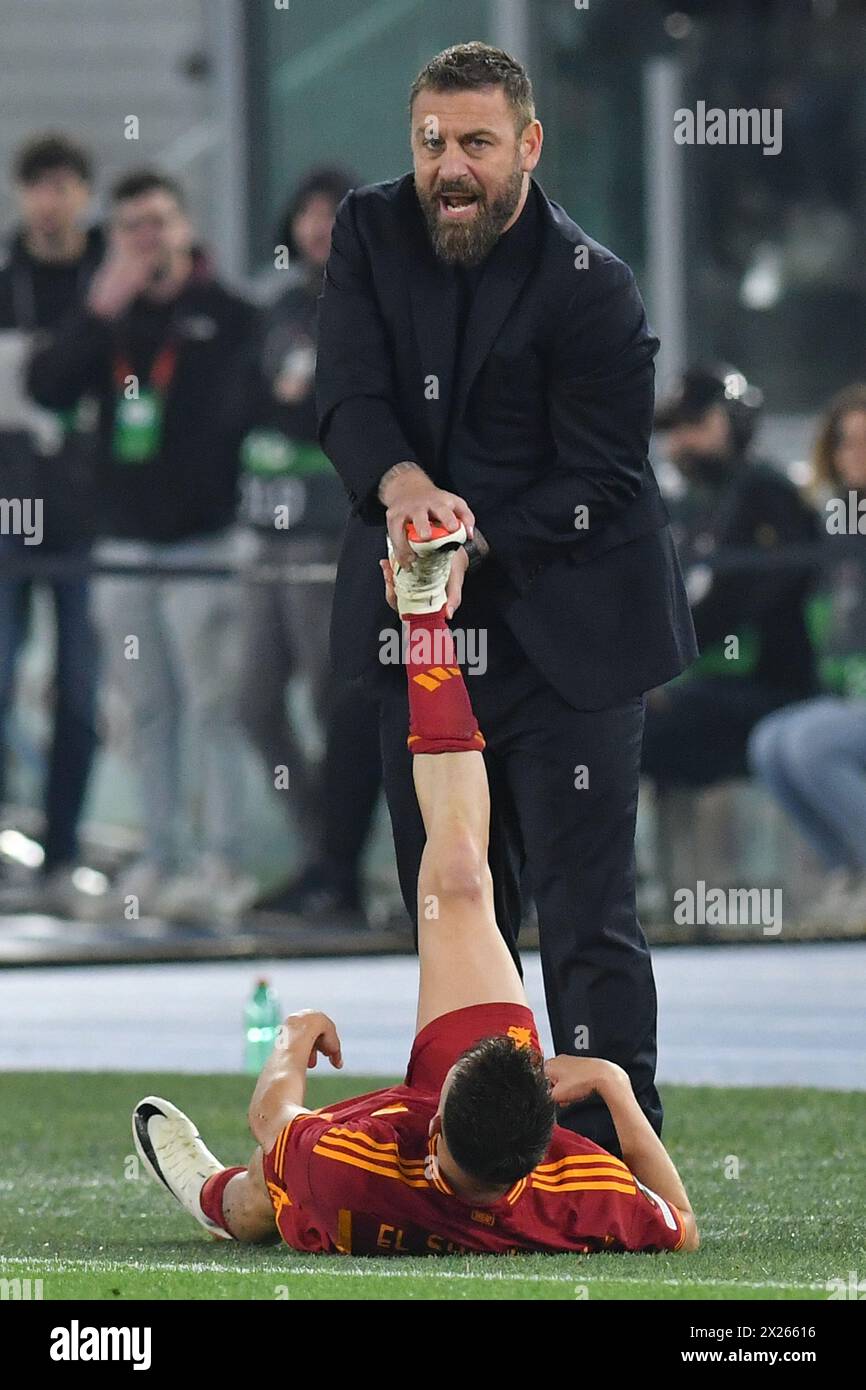 Stephan El Shaarawy of AS Roma and a trainer Daniele De Rossi seen during the Uefa Europa League quarter final second leg match AS Roma and Milan at Olimpico stadium. final score Roma 2;1 Milan Stock Photo
