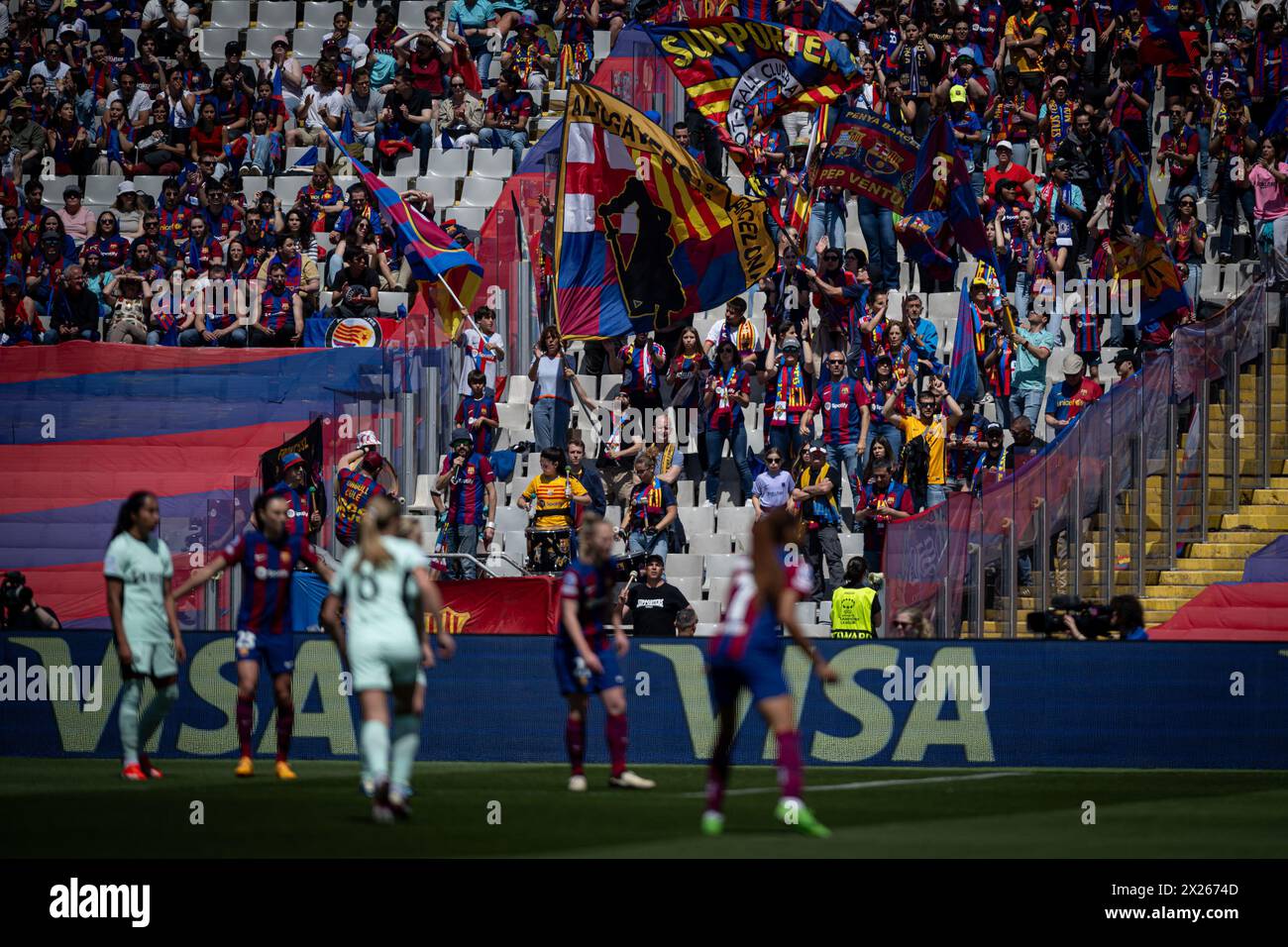 Fc Barcelona supporters are seen during a Women's UEFA Champions League first-leg semifinal match between FC Barcelona and Chelsea Women at Estadi Olimpic Lluis Companys, in Barcelona, ,Spain on April 20, 2024. Photo by Felipe Mondino Stock Photo
