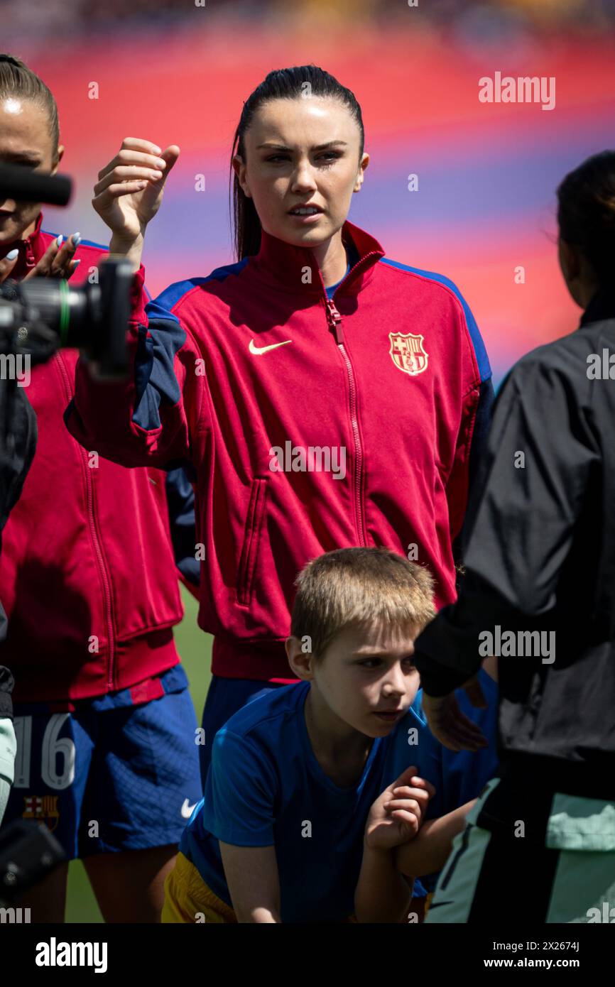 Ingrid Engen (FC Barcelona) gestures during a Women's UEFA Champions League first-leg semifinal match between FC Barcelona and Chelsea Women at Estadi Olimpic Lluis Companys, in Barcelona, ,Spain on April 20, 2024. Photo by Felipe Mondino Stock Photo