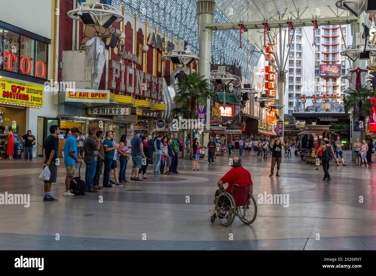 Las Vegas, Nevada.  Fremont Street, Two Street Performers Beginning to Assemble a Crowd. Stock Photo