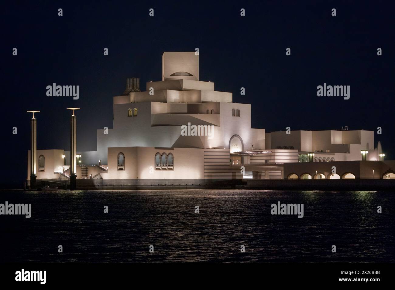 Doha, Qatar.  Museum of Islamic Art,  designed by architect I.M. Pei.  Night View. Stock Photo