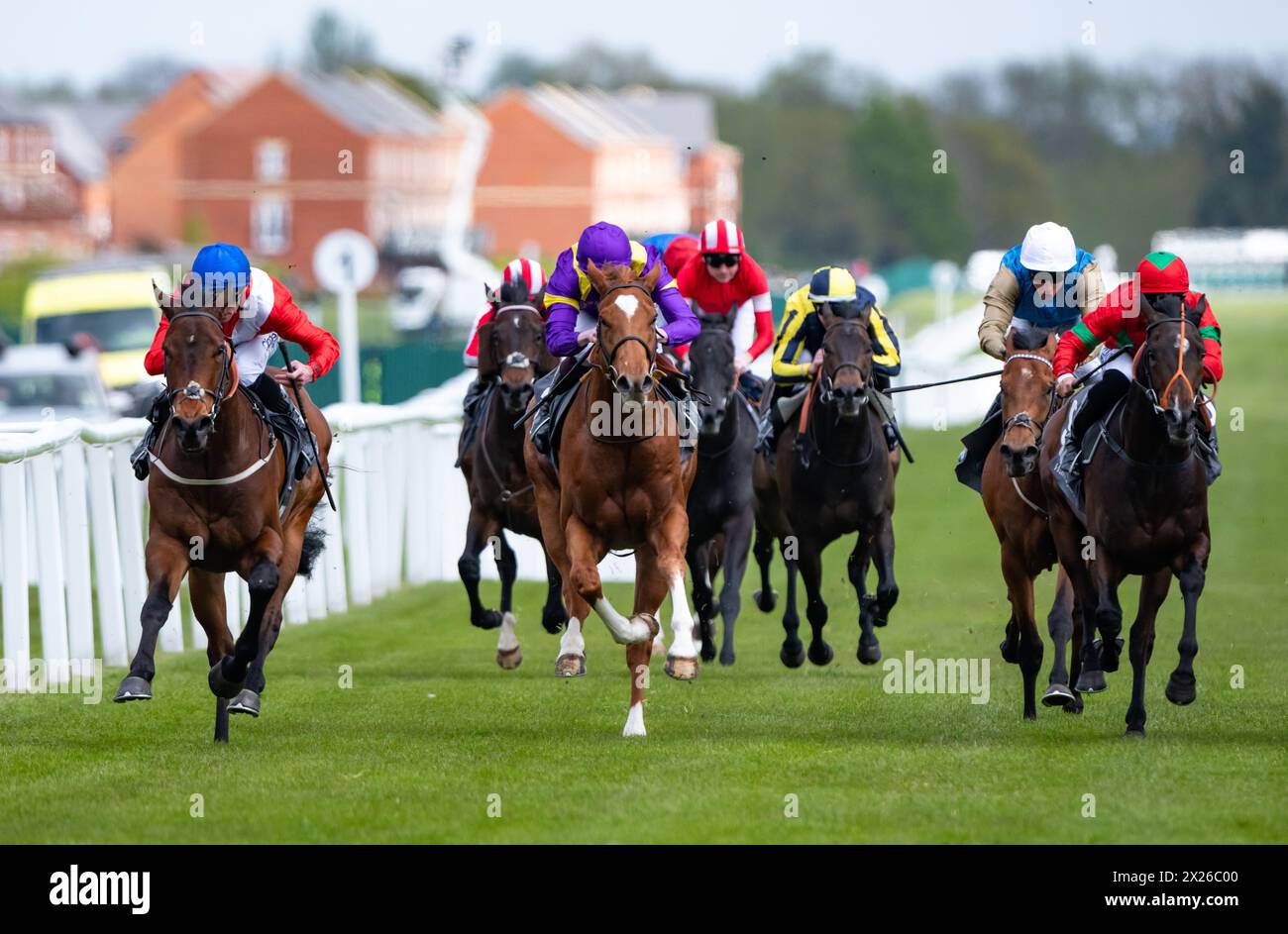 Newbury, United Kingdom , Saturday 20th April 2024. Esquire and Daniel Tudhope win the Watership Down Stud Too Darn Hot Greenham Stakes Group 3 for trainer David O'Meara and owner Cheveley Park Stud.. Credit JTW Equine Images / Alamy Live News Stock Photo