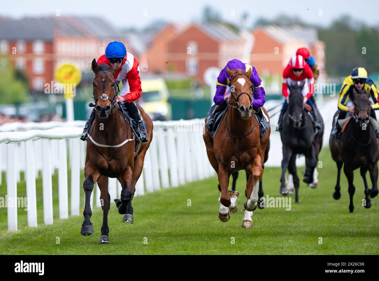 Newbury, United Kingdom , Saturday 20th April 2024. Esquire and Daniel Tudhope win the Watership Down Stud Too Darn Hot Greenham Stakes Group 3 for trainer David O'Meara and owner Cheveley Park Stud.. Credit JTW Equine Images / Alamy Live News Stock Photo