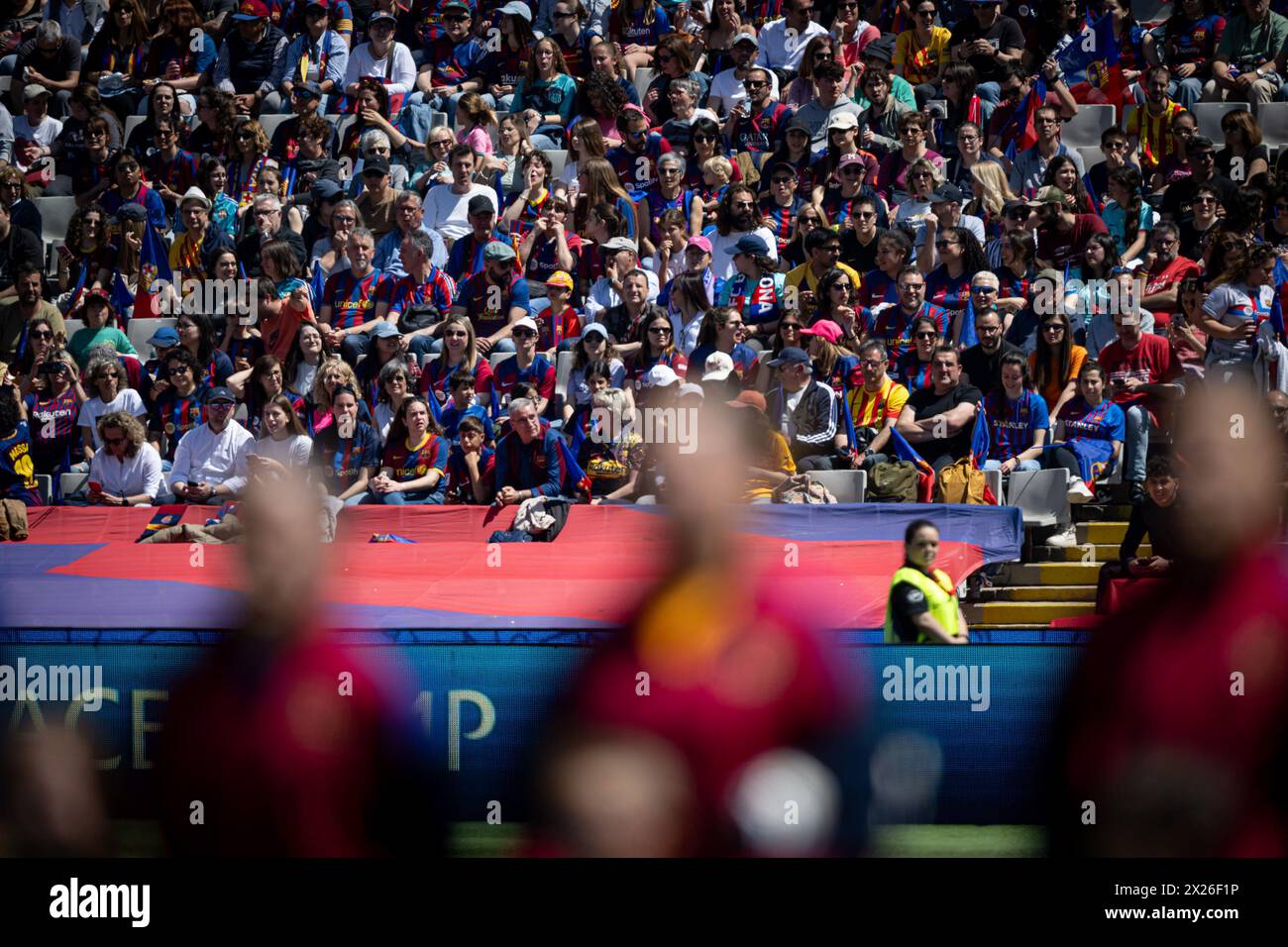 Barcelona, Spain. 20th Apr, 2024. FC Barcelona supporters are seen during a Women's UEFA Champions League first-leg semifinal match between FC Barcelona and Chelsea Women at Estadi Olímpic Lluis Companys, in Barcelona, Spain on April 20, 2024. Photo by Felipe Mondino/Sipa USA Credit: Sipa USA/Alamy Live News Stock Photo