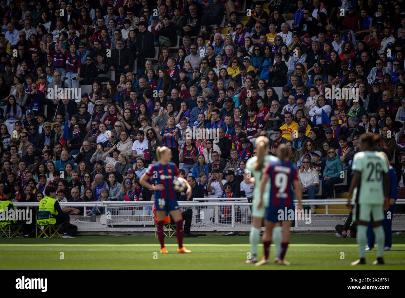 Barcelona, Spain. 20th Apr, 2024. The supporters are seen during a Women's UEFA Champions League first-leg semifinal match between FC Barcelona and Chelsea Women at Estadi Olímpic Lluis Companys, in Barcelona, Spain on April 20, 2024. Photo by Felipe Mondino/Sipa USA Credit: Sipa USA/Alamy Live News Stock Photo