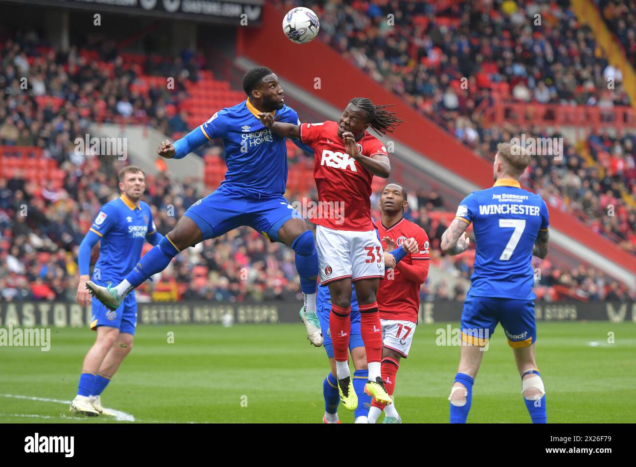 London, England. 20th Apr 2024. Karoy Anderson of Charlton Athletic and Cheyenne Dunkley of Shrewsbury Town battle during the Sky Bet EFL League One fixture between Charlton Athletic and Shrewsbury Town. Kyle Andrews/Alamy Live News Stock Photo
