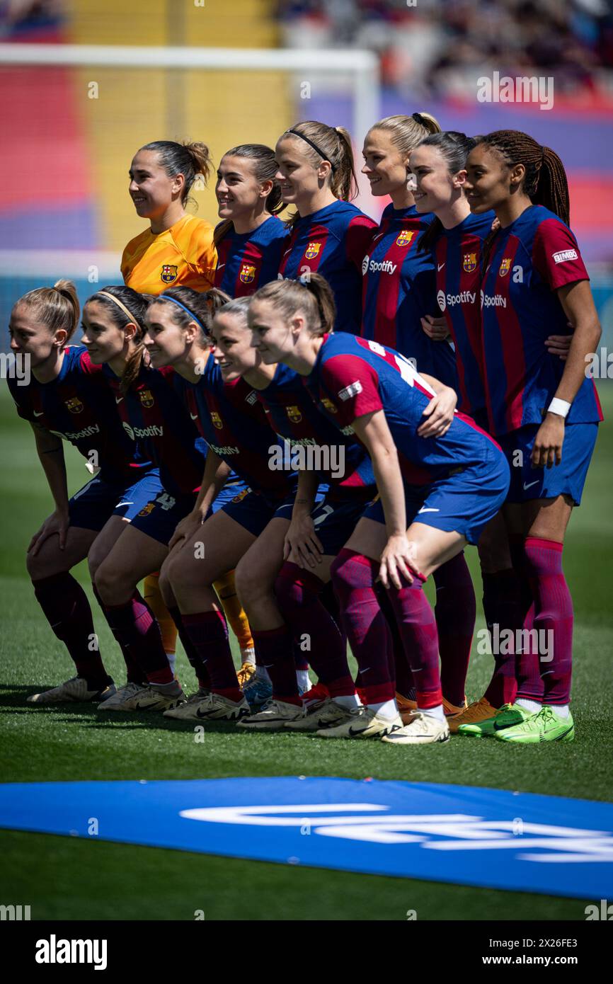 Barcelona, Spain. 20th Apr, 2024. FC Barcelona line up during a Women's UEFA Champions League first-leg semifinal match between FC Barcelona and Chelsea Women at Estadi Olímpic Lluis Companys, in Barcelona, Spain on April 20, 2024. Photo by Felipe Mondino/Sipa USA Credit: Sipa USA/Alamy Live News Stock Photo