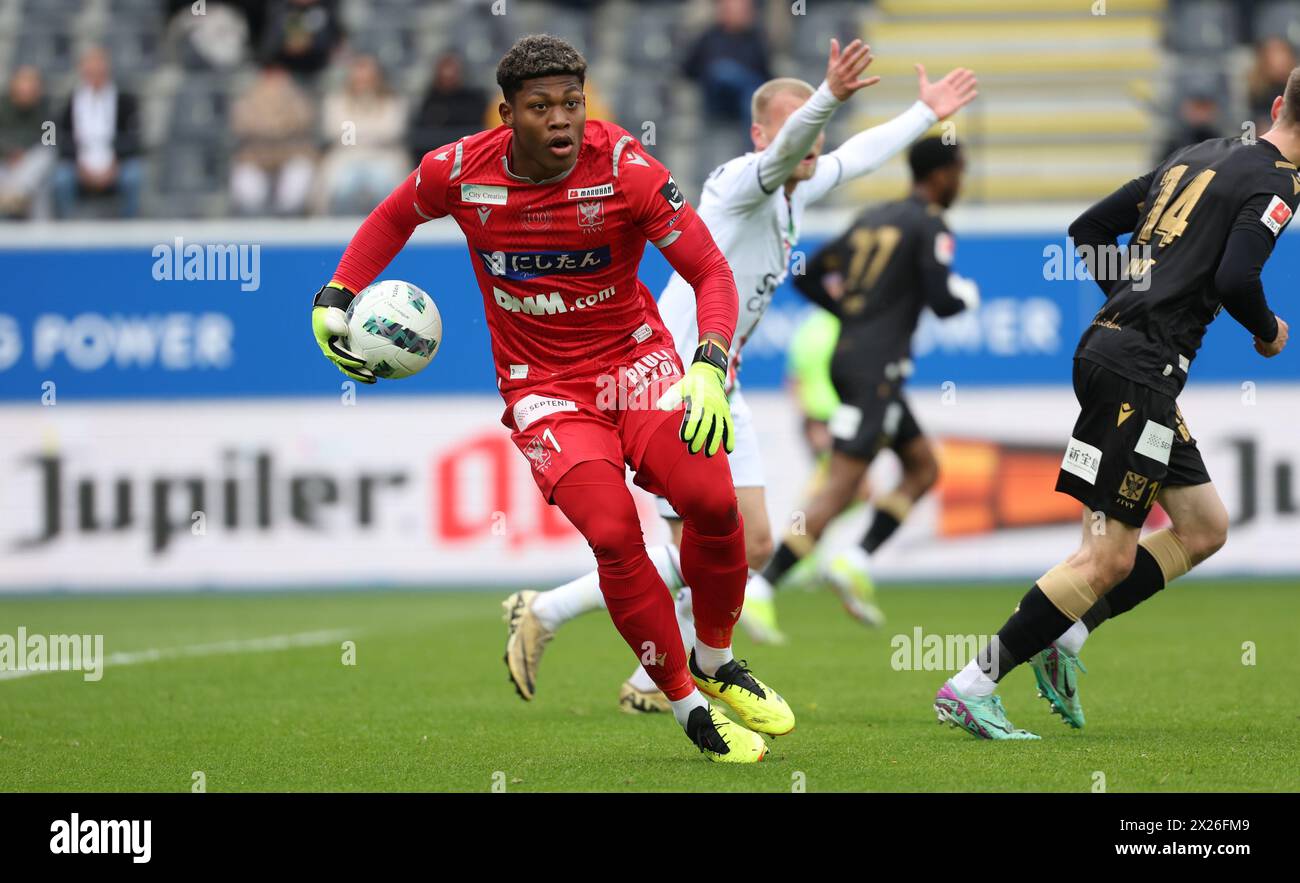 Leuven, Belgium. 20th Apr, 2024. STVV's goalkeeper Zion Suzuki fights