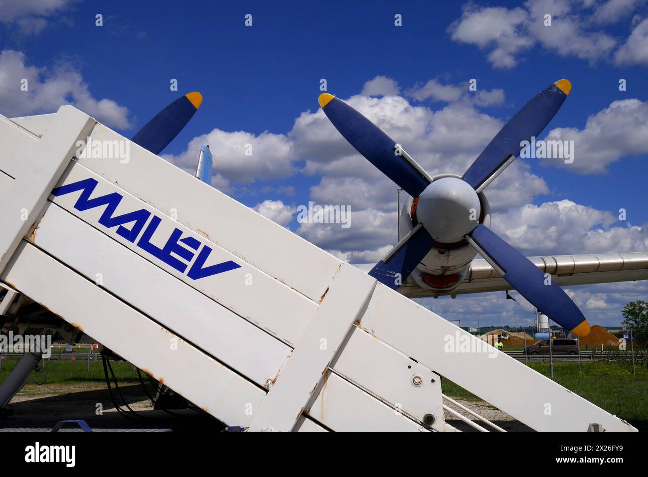 Boarding stairs for an Ilyushin Il-18V on display at the Repülőmúzeum, Aeropark, Budapest International Airport, Hungary Stock Photo