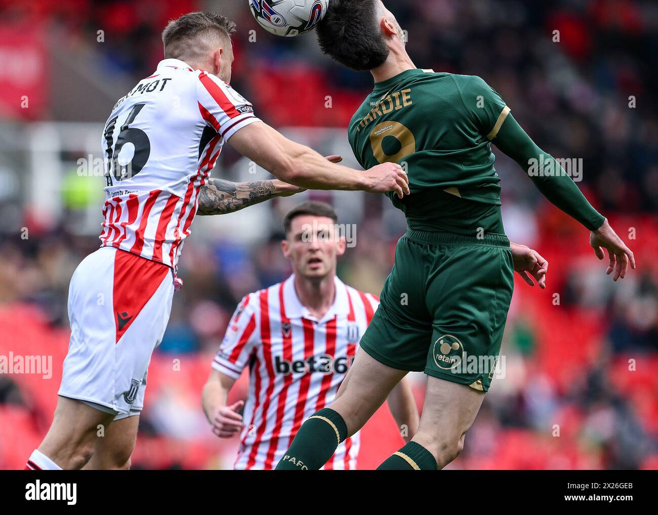 Ryan Hardie of Plymouth Argyle wins aerial ball during the Sky Bet ...