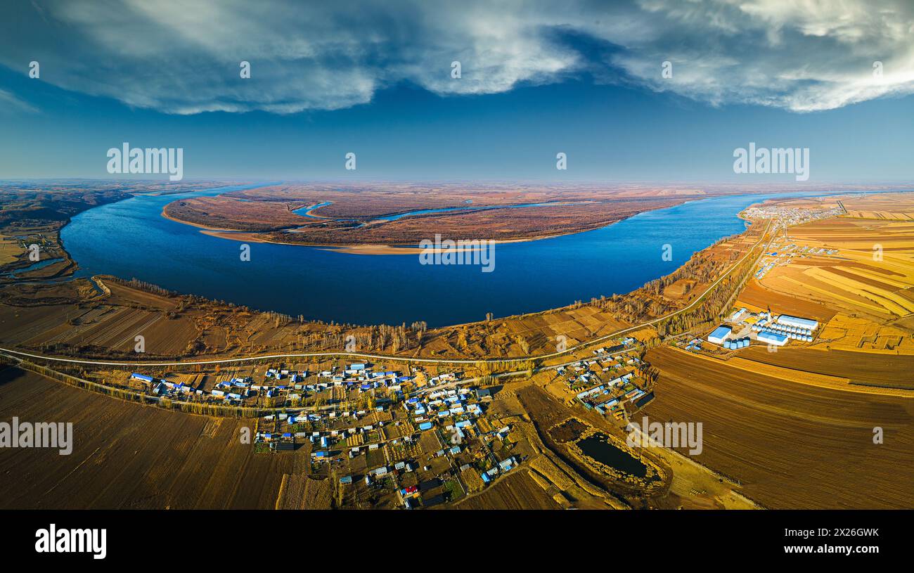 Aerial photography of autumn scenery in the Jiayin Basin of Heilongjiang Province Stock Photo