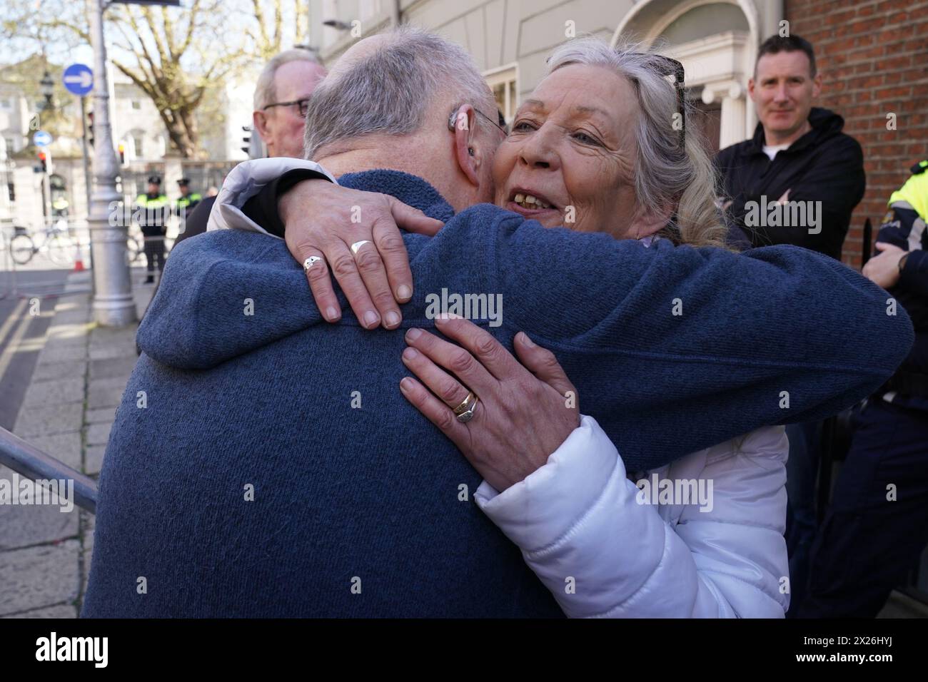 Stardust fire survivor Antoinette Keegan, is embraced by singer song writer Christy Moore after he performed at the national demonstration in support of Palestine, in Dublin. Picture date: Saturday April 20, 2024. Stock Photo